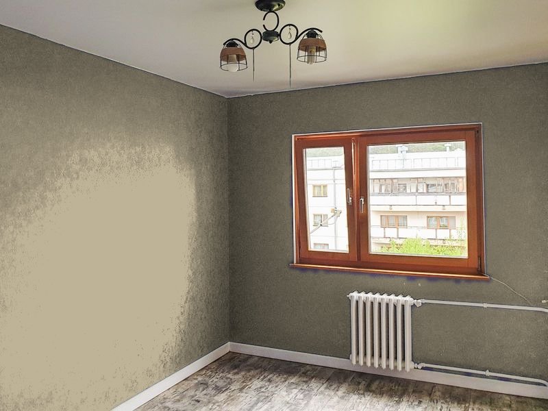 Bedroom with dull beige walls, a digitally edited version of the same room