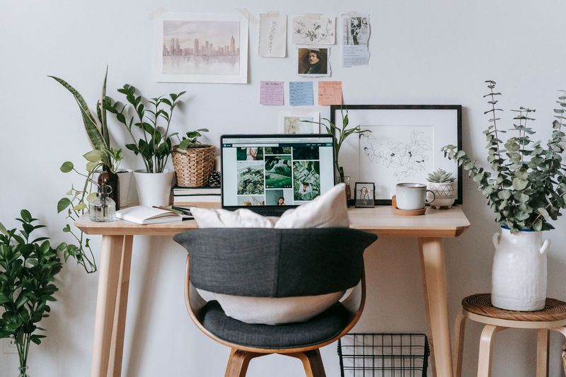 Home office with green painted walls