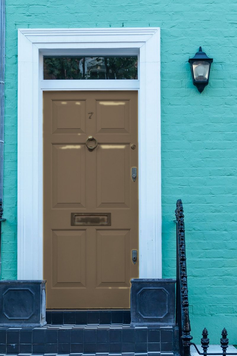 Front door in faded brown, a digitally edited version of the same door
